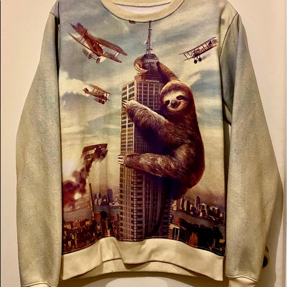 Cozy and Cute Sloth Crewneck Sweater, size Medium. Soft fleece inside.